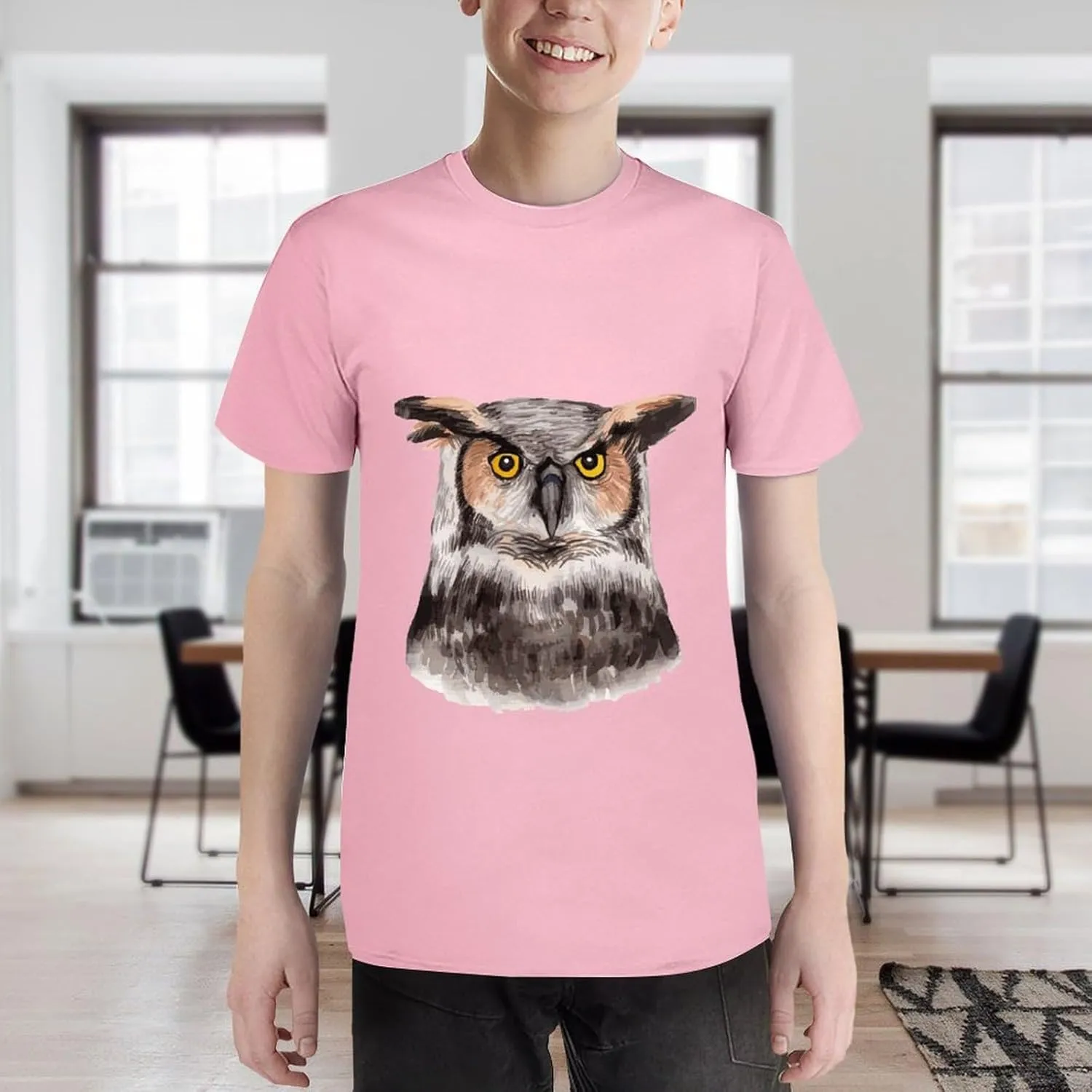 Watercolor Hand Painted Owl Graphic Printed T-Shirts Unisex Short Sleeve Summer Tees Top Shirt Boy and Girl