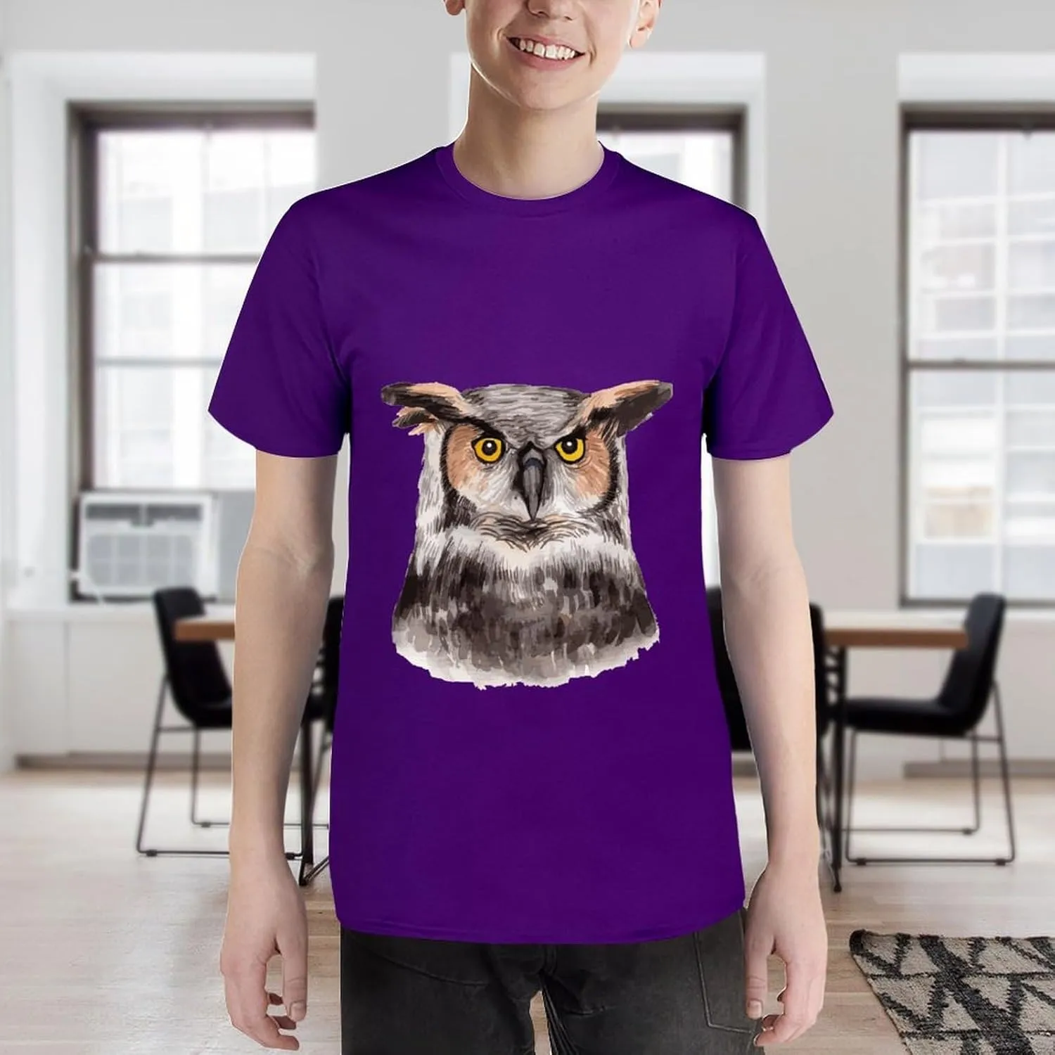 Watercolor Hand Painted Owl Graphic Printed T-Shirts Unisex Short Sleeve Summer Tees Top Shirt Boy and Girl