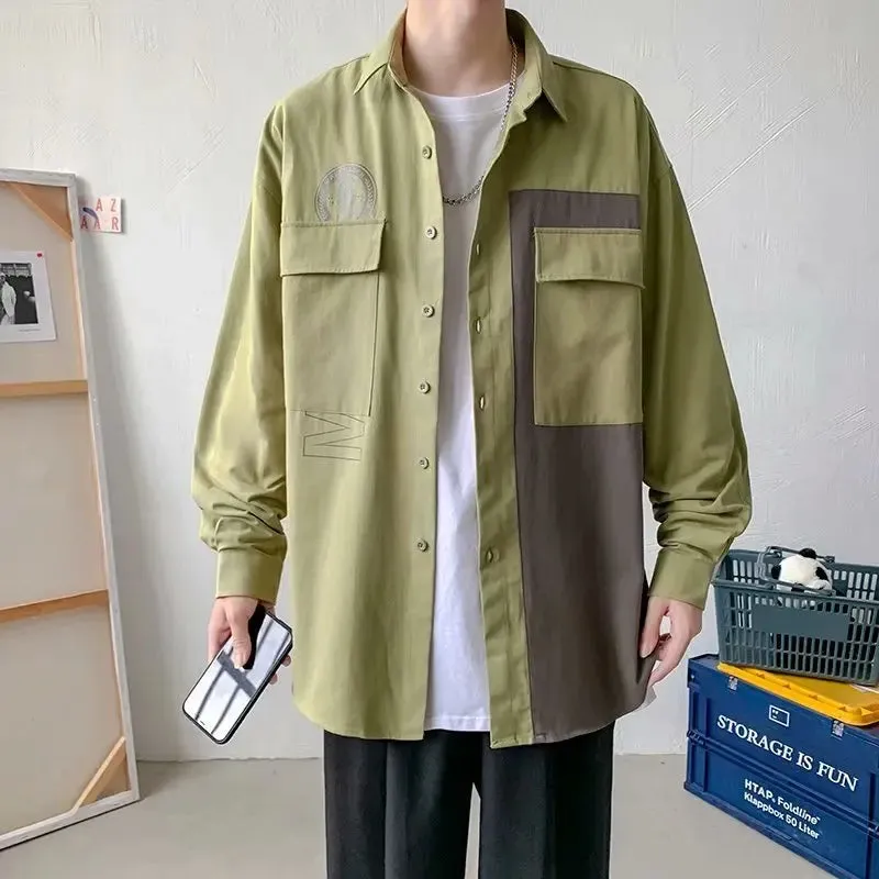 Wiaofellas   -  Ruffian and handsome tooling Long Sleeve Shirt Men's Korean version loose and versatile splicing personalized shirt BF fashion