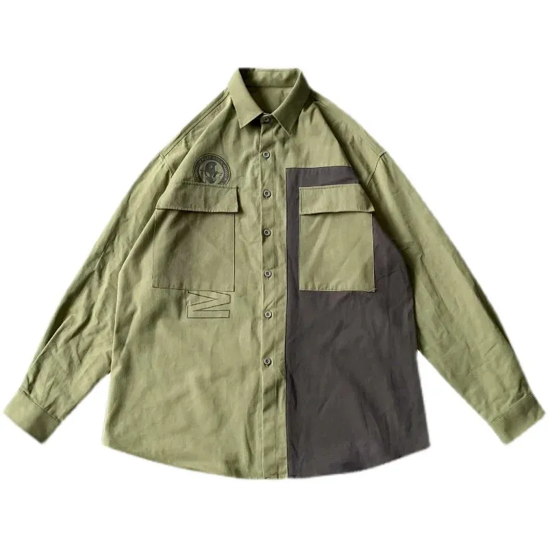 Wiaofellas   -  Ruffian and handsome tooling Long Sleeve Shirt Men's Korean version loose and versatile splicing personalized shirt BF fashion