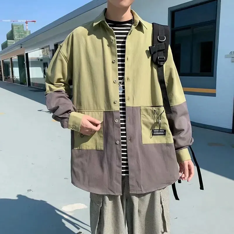 Wiaofellas   -  Ruffian and handsome tooling Long Sleeve Shirt Men's Korean version loose and versatile splicing personalized shirt BF fashion