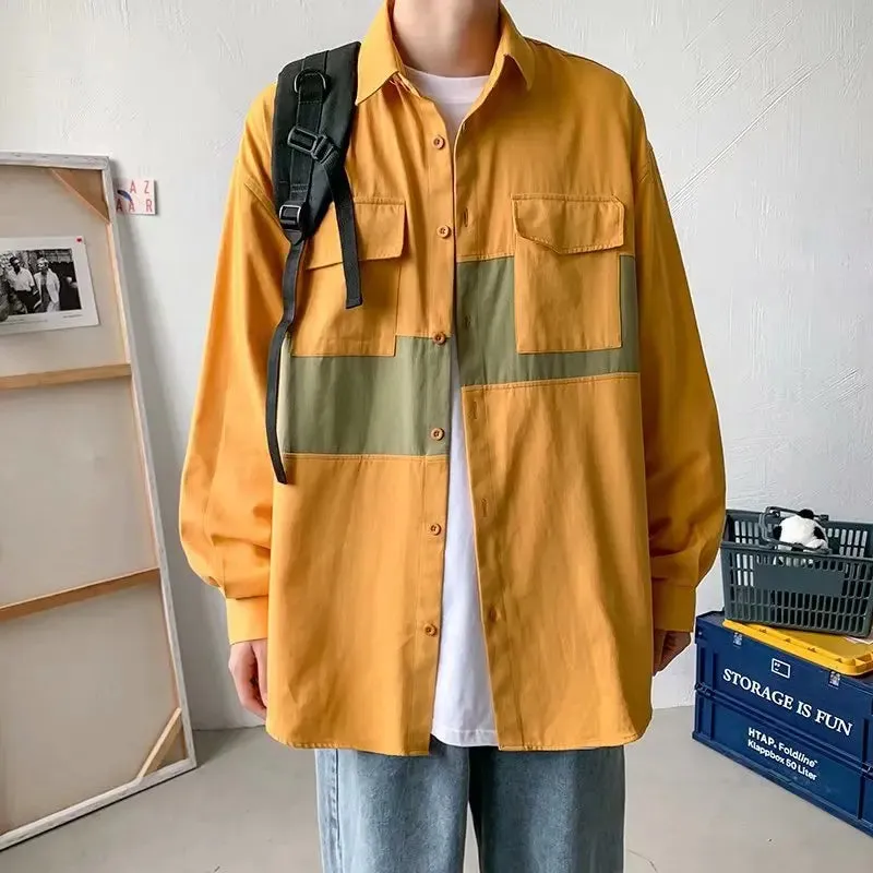 Wiaofellas   -  Ruffian and handsome tooling Long Sleeve Shirt Men's Korean version loose and versatile splicing personalized shirt BF fashion