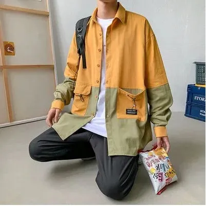 Wiaofellas   -  Ruffian and handsome tooling Long Sleeve Shirt Men's Korean version loose and versatile splicing personalized shirt BF fashion