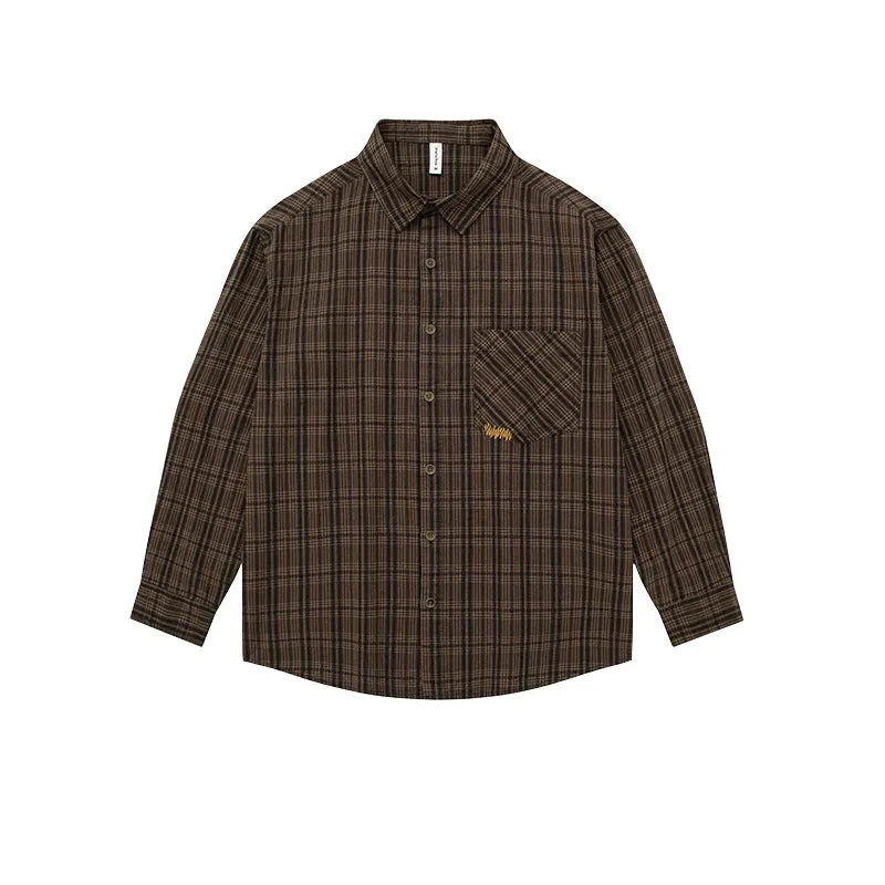 Wiaofellas  -  Spring Autumn Men's Long Sleeve Plaid Shirt Korean Embroidered Casual Washed Cotton Texture Plaid Tooling Shirt Jacket