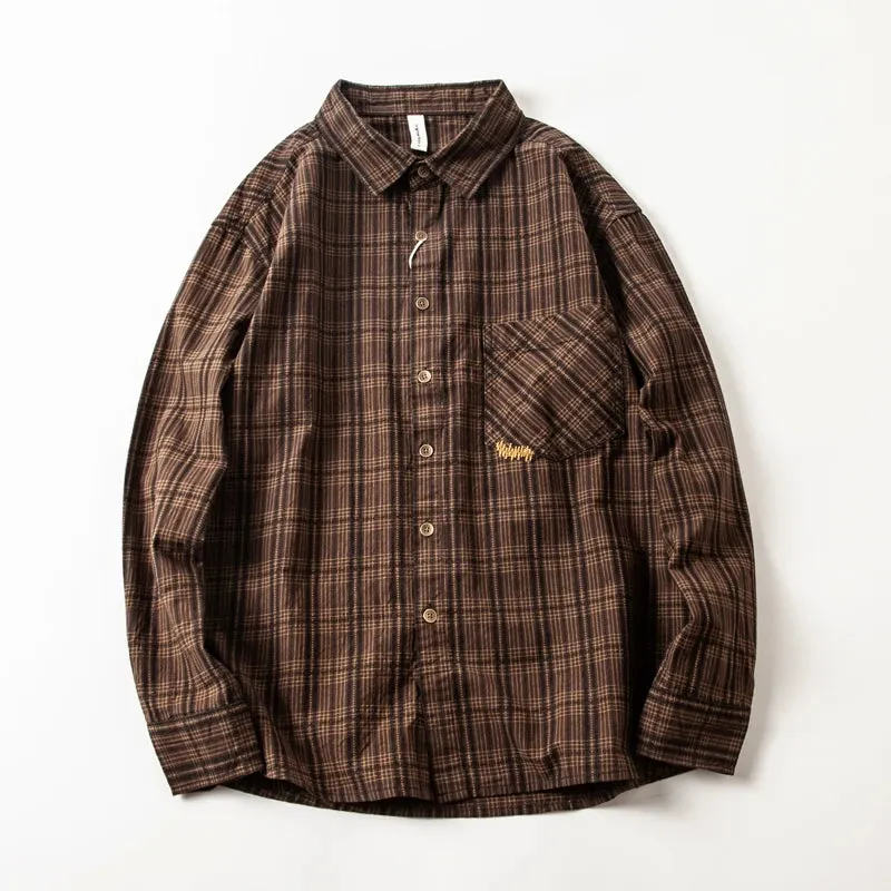 Wiaofellas  -  Spring Autumn Men's Long Sleeve Plaid Shirt Korean Embroidered Casual Washed Cotton Texture Plaid Tooling Shirt Jacket