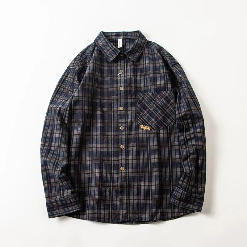 Wiaofellas  -  Spring Autumn Men's Long Sleeve Plaid Shirt Korean Embroidered Casual Washed Cotton Texture Plaid Tooling Shirt Jacket