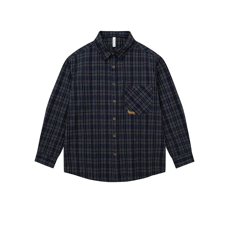 Wiaofellas  -  Spring Autumn Men's Long Sleeve Plaid Shirt Korean Embroidered Casual Washed Cotton Texture Plaid Tooling Shirt Jacket