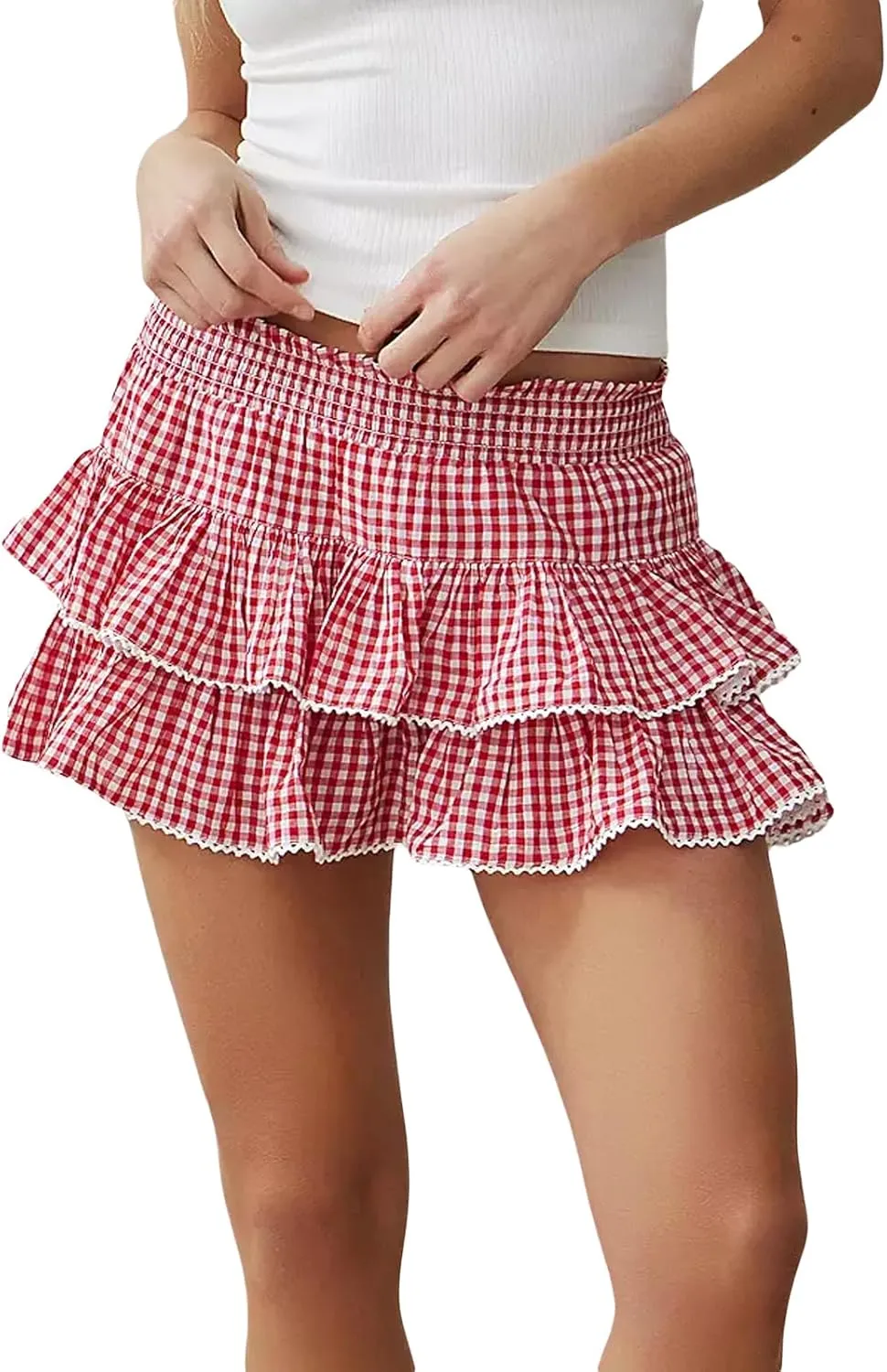 Women Girls Cute Plaid Mini Skirt Smocked Ruffle Layered Short Skirt Gingham Pleated A-Line Skirt Summer Streetwear