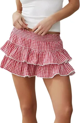 Women Girls Cute Plaid Mini Skirt Smocked Ruffle Layered Short Skirt Gingham Pleated A-Line Skirt Summer Streetwear