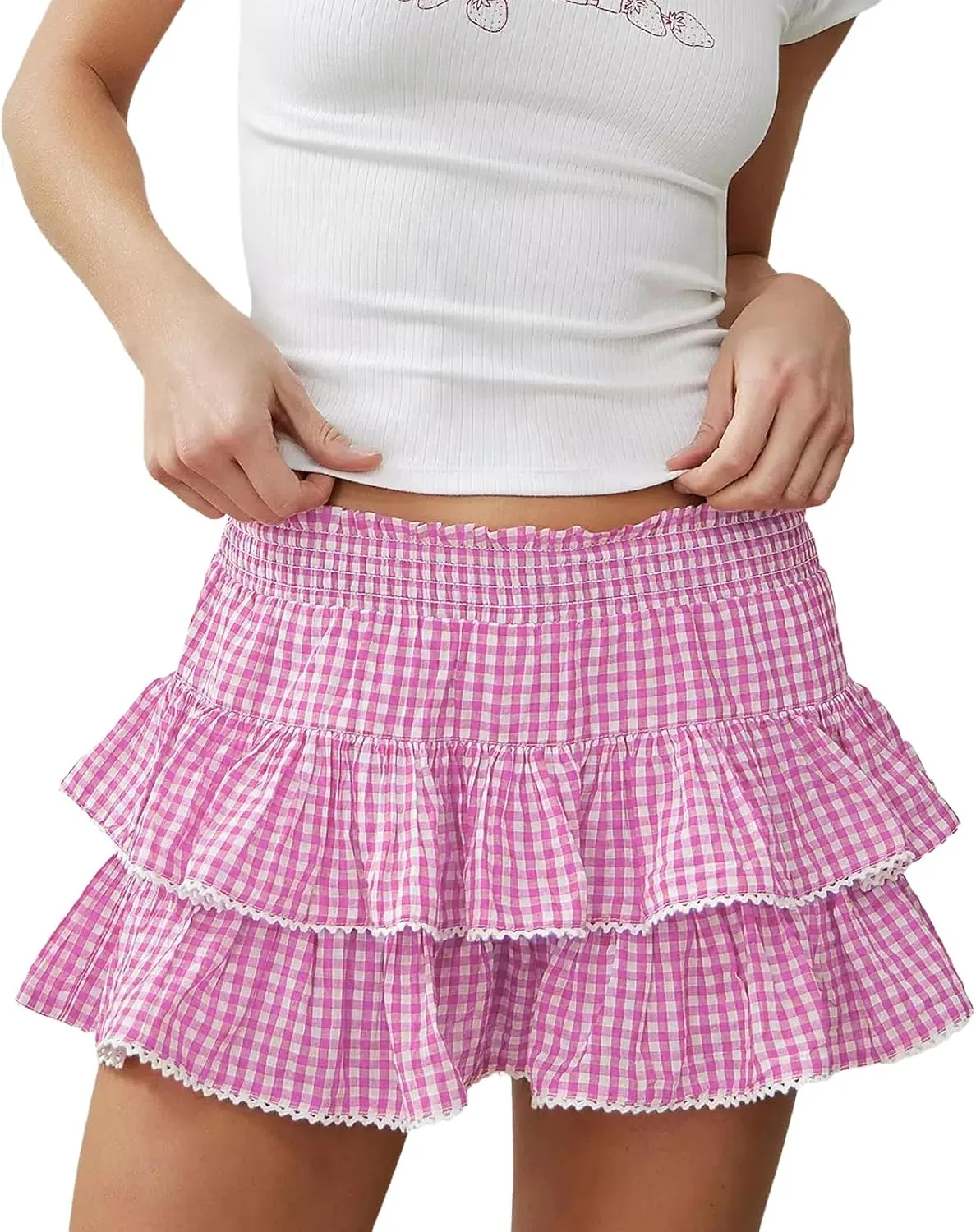 Women Girls Cute Plaid Mini Skirt Smocked Ruffle Layered Short Skirt Gingham Pleated A-Line Skirt Summer Streetwear