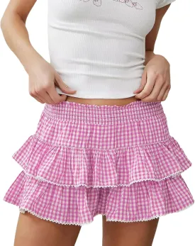 Women Girls Cute Plaid Mini Skirt Smocked Ruffle Layered Short Skirt Gingham Pleated A-Line Skirt Summer Streetwear