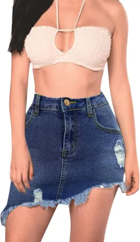 Women's Denim Skirts High Waist Irregular Frayed Hem Hole Button Down Mini Skirt Denim Skirt Mini with Pockets
