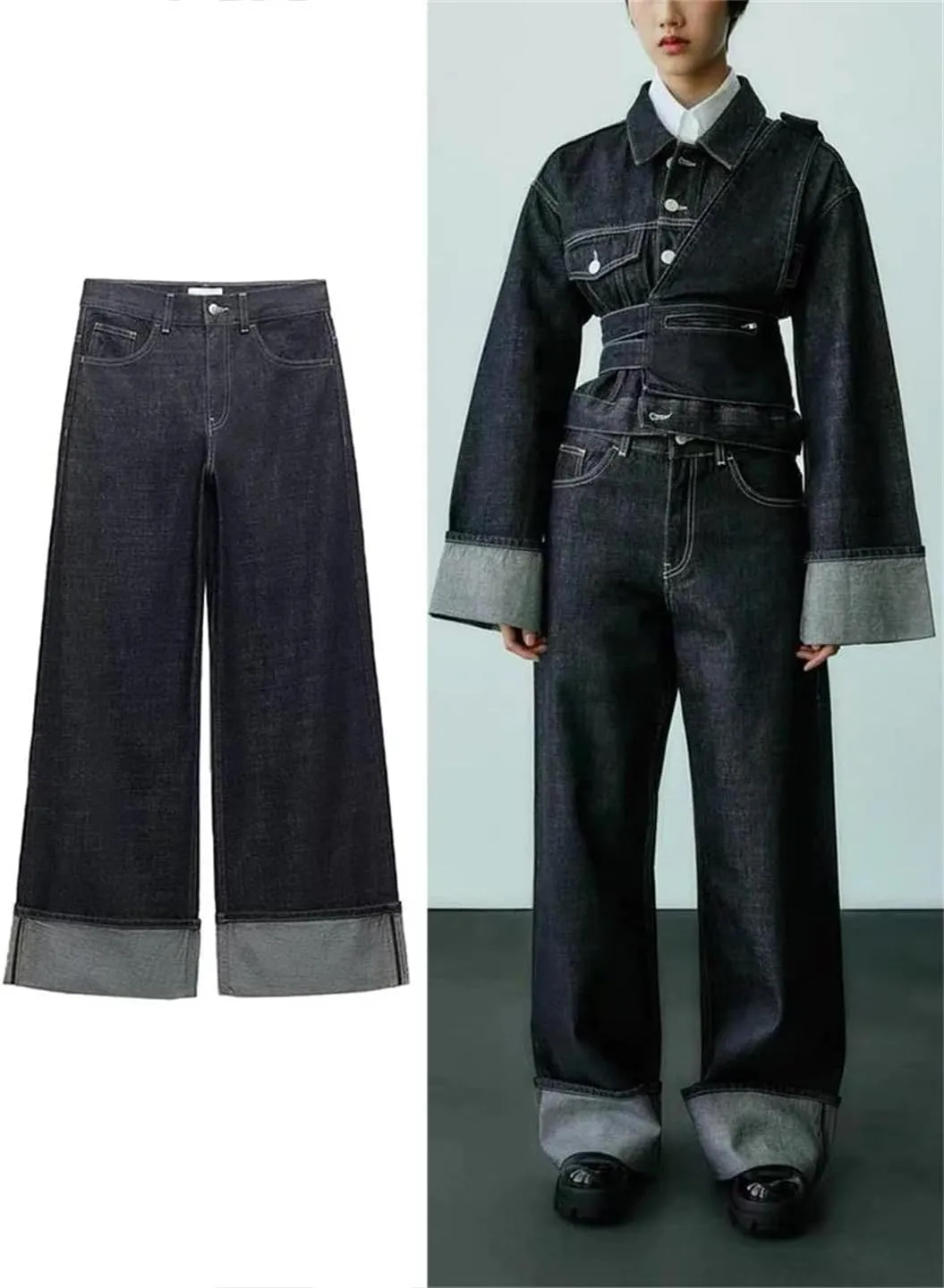 Women's High-Waisted Jeans Slim High-Waisted Trailing Trousers Rolled Leg Loose Wide-Leg Jeans