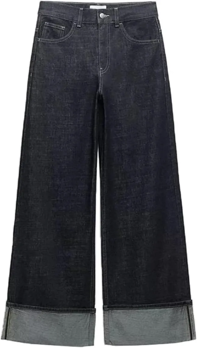 Women's High-Waisted Jeans Slim High-Waisted Trailing Trousers Rolled Leg Loose Wide-Leg Jeans
