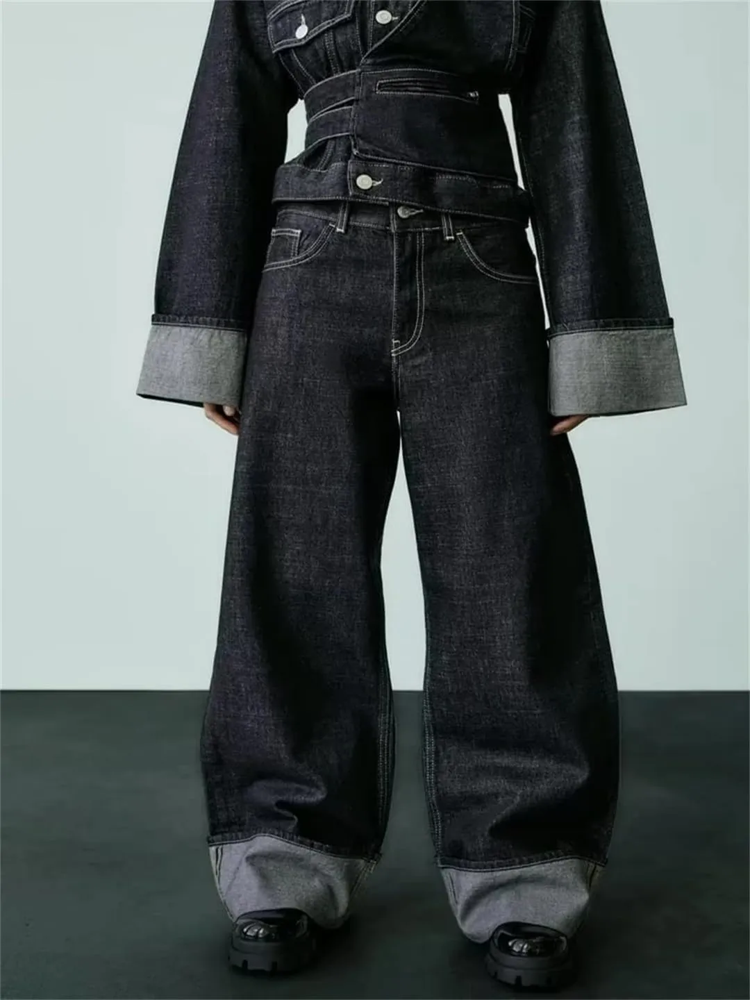 Women's High-Waisted Jeans Slim High-Waisted Trailing Trousers Rolled Leg Loose Wide-Leg Jeans