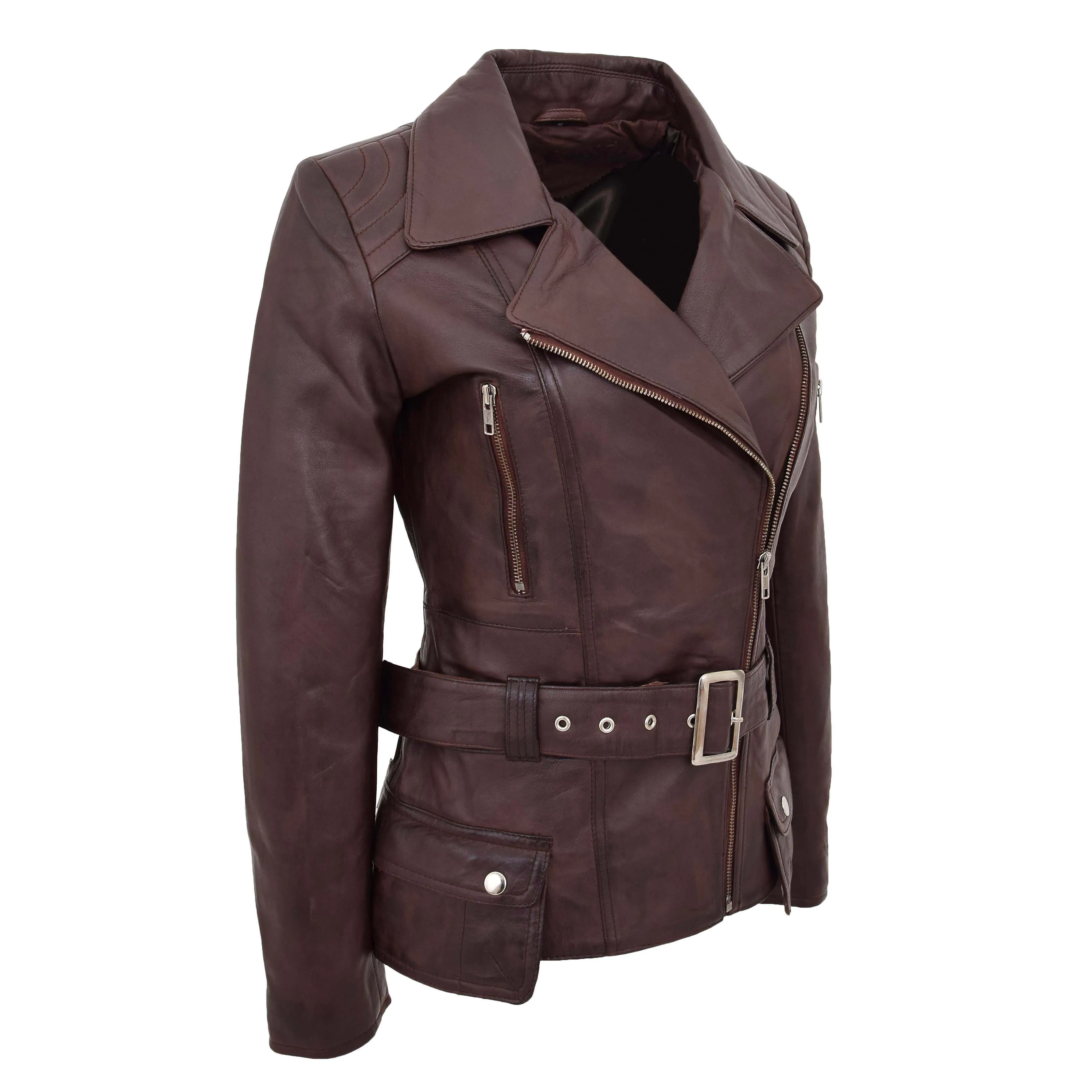 Womens Leather Hip Length Biker Jacket Celia Brown