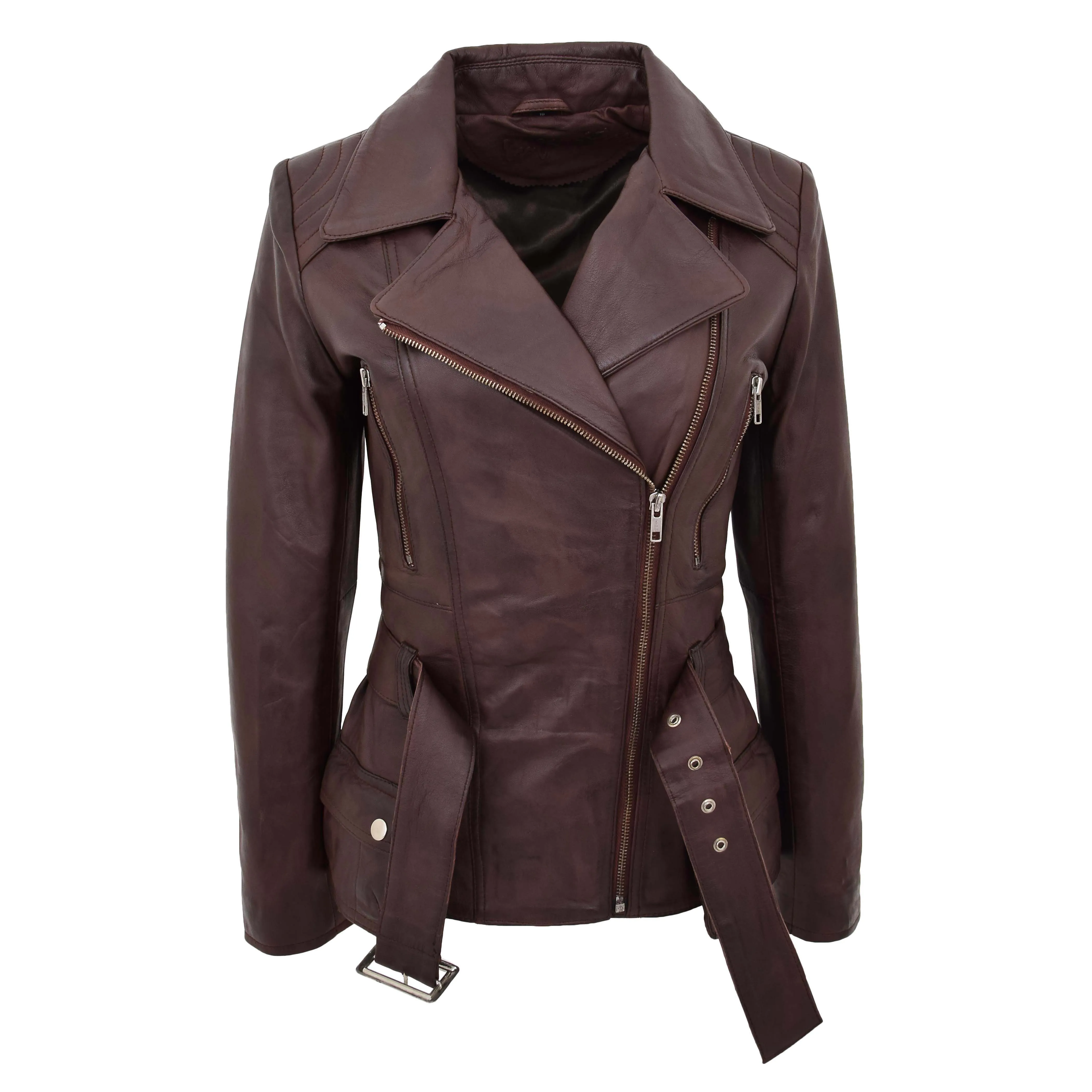 Womens Leather Hip Length Biker Jacket Celia Brown