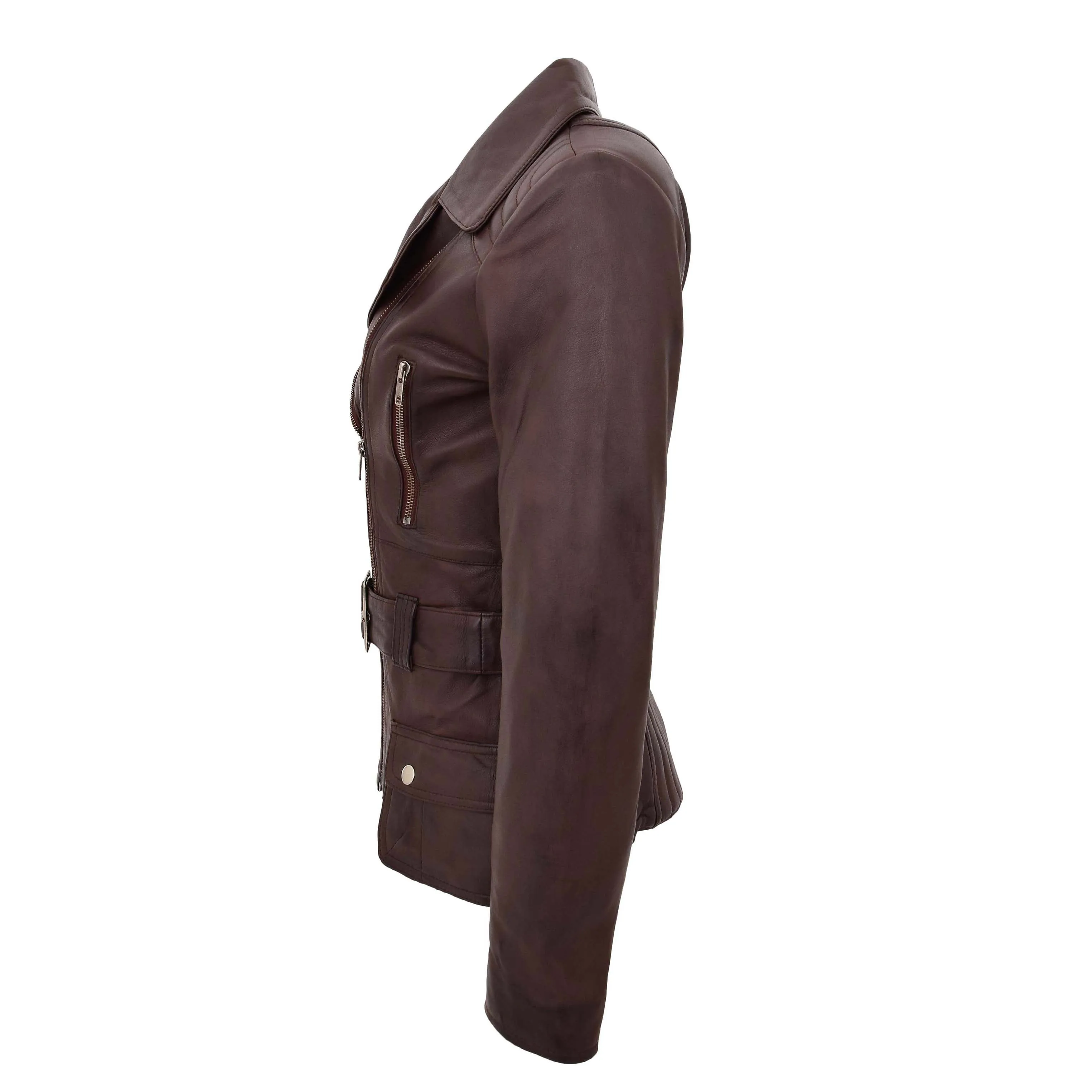 Womens Leather Hip Length Biker Jacket Celia Brown