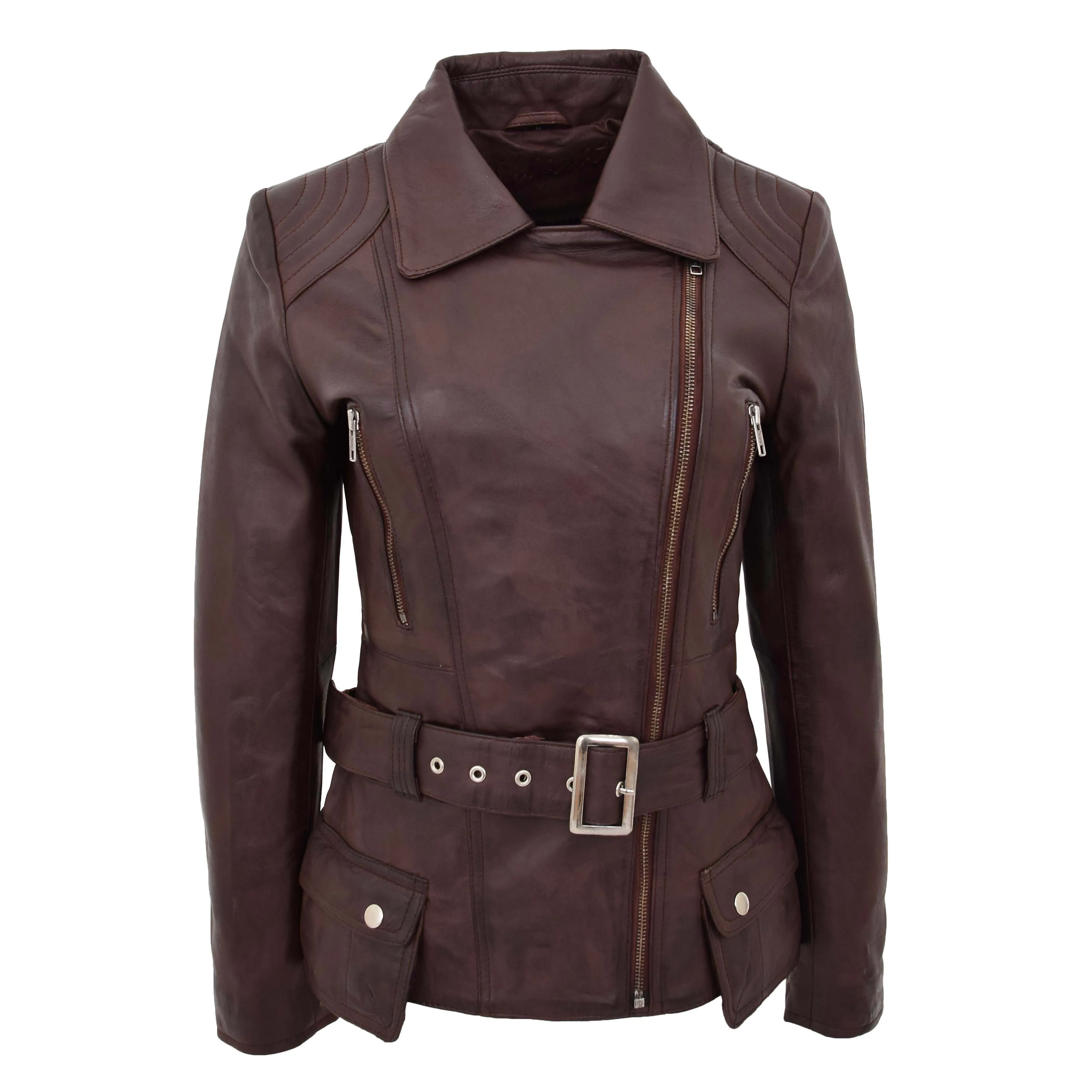 Womens Leather Hip Length Biker Jacket Celia Brown