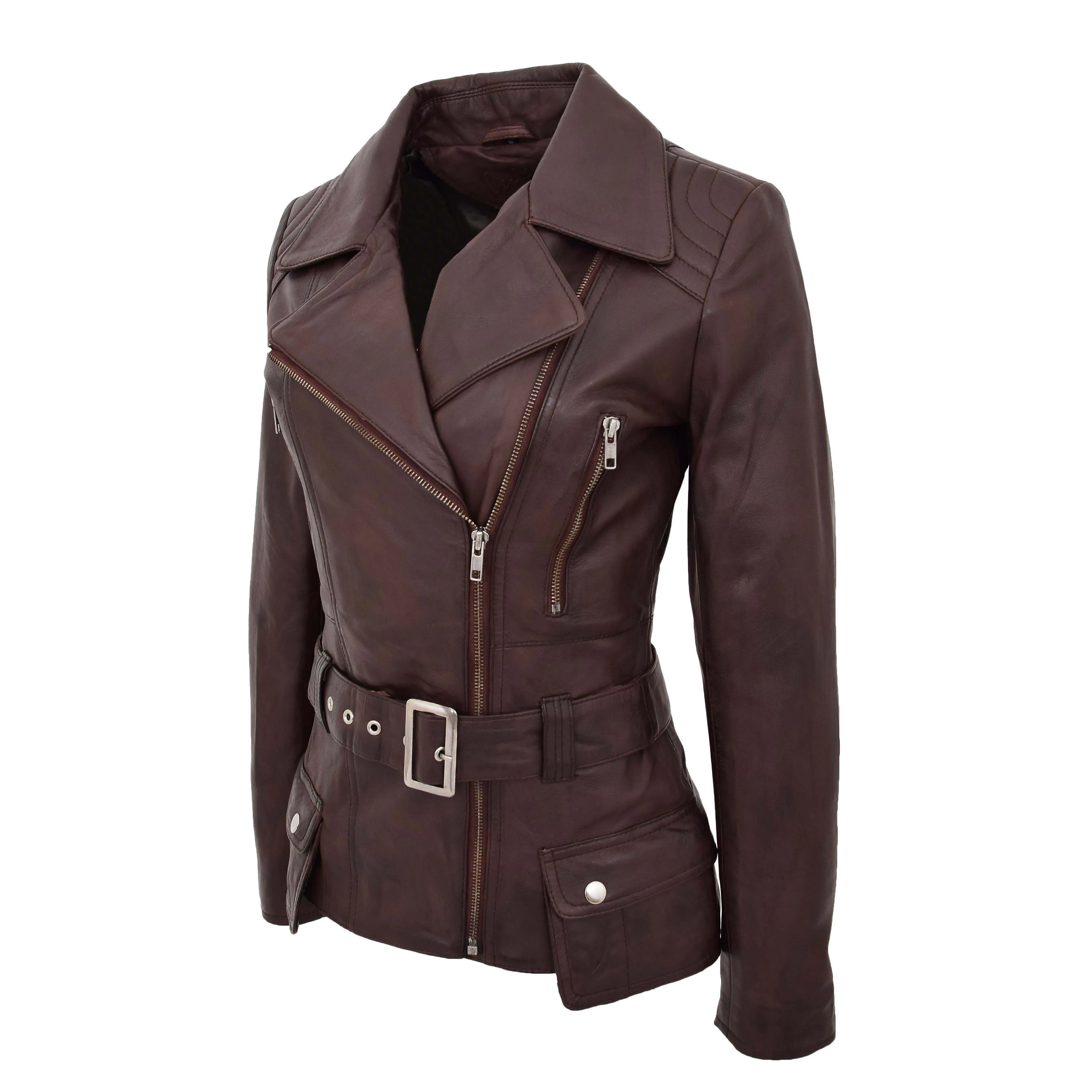 Womens Leather Hip Length Biker Jacket Celia Brown