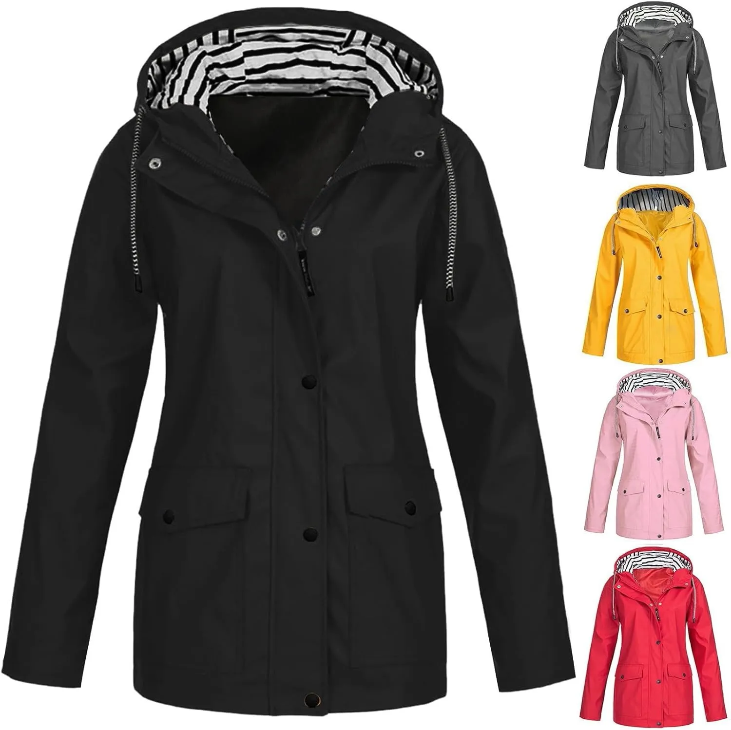 Women's Raincoat Windbreaker Zipper Hoodies Rain Jacket Waterproof Lightweight Outdoor Rain Coat Hooded Trench Coats
