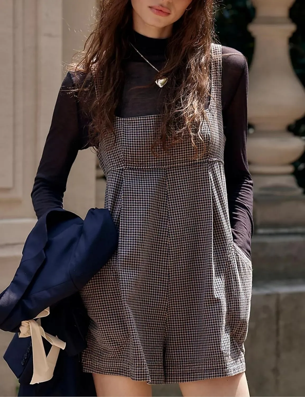 Womens Summer Casual Loose Plaid Rompers Strap Square Neck Backless Sleeveless Short Jumpsuit Overalls Dress