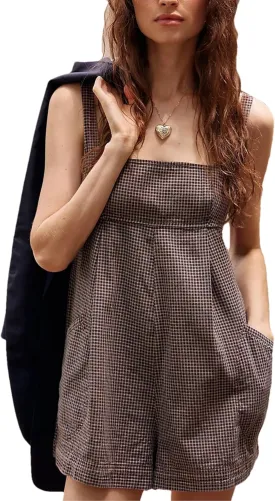 Womens Summer Casual Loose Plaid Rompers Strap Square Neck Backless Sleeveless Short Jumpsuit Overalls Dress