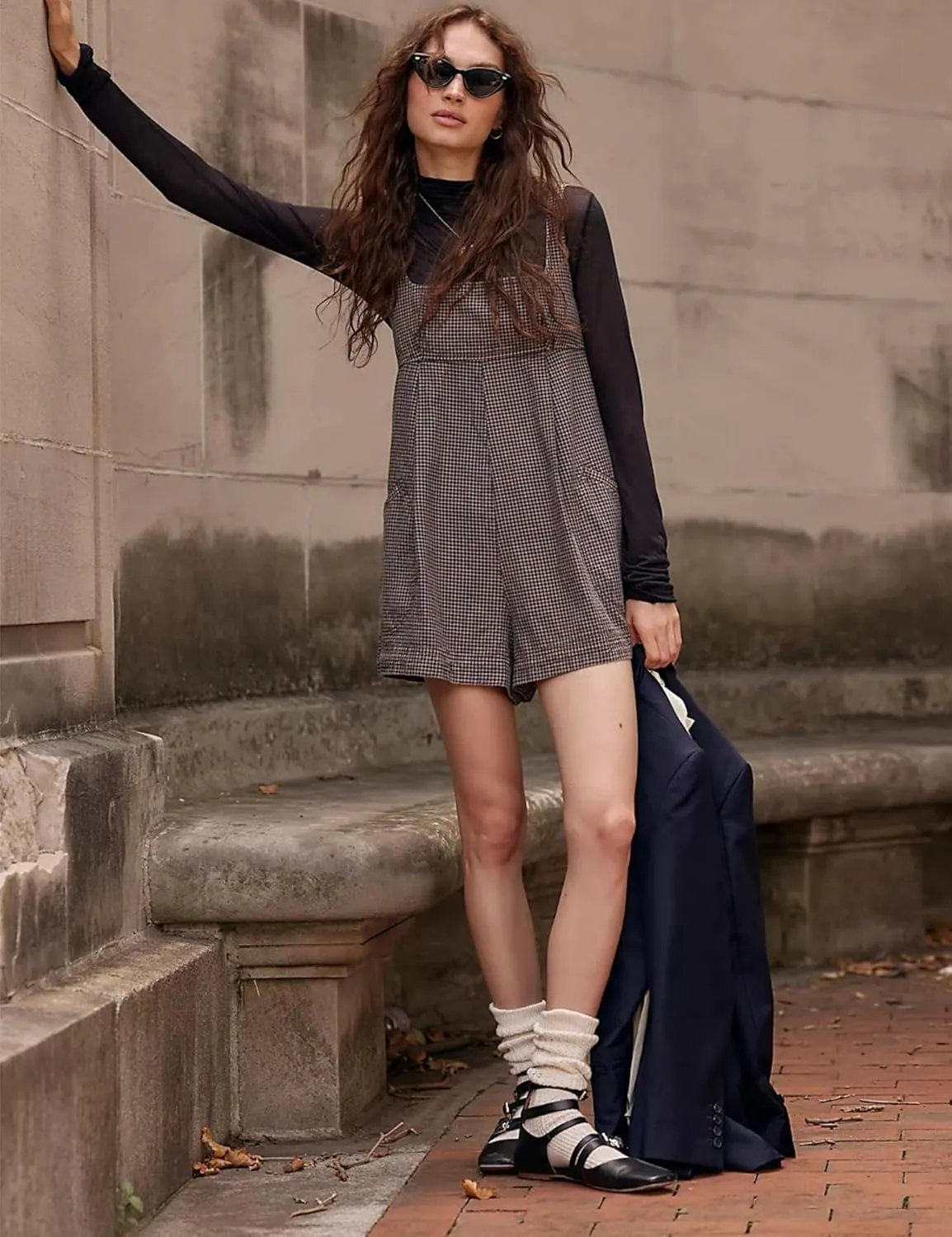Womens Summer Casual Loose Plaid Rompers Strap Square Neck Backless Sleeveless Short Jumpsuit Overalls Dress