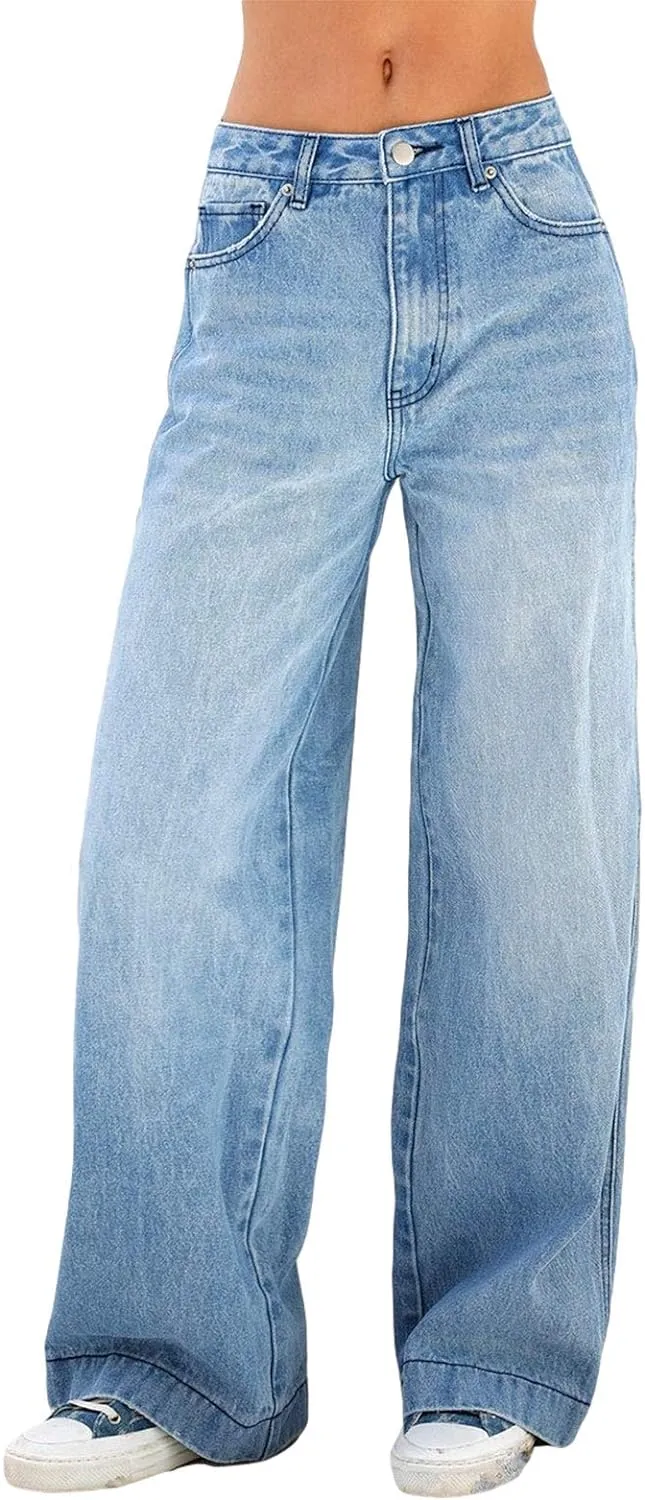 Women's Wide Leg Boyfriend Jeans Straight Leg Denim Pants Low Rise Baggy Casual Loose Jeans