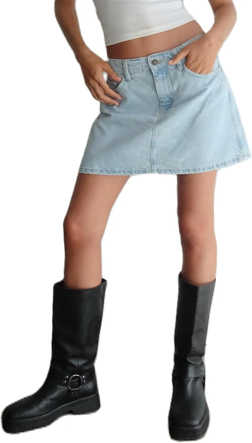Y2k Jean Skirt for Women Low Rise A Line Raw Hem Frayed Denim Mini Skirt with Pockets Summer Going Out Short Skirt