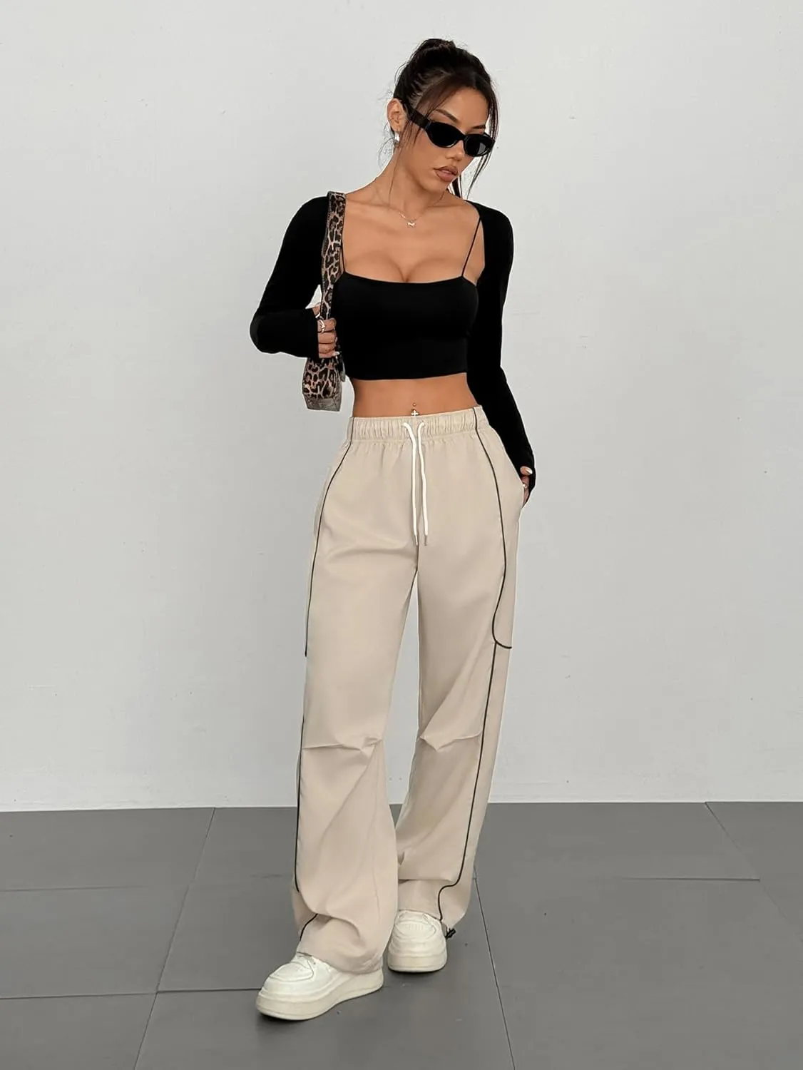 ZAFUL Parachute Pants for Women Sweatpants Y2K Contrast Pipping Cargo Trousers Jogger Pants with Pockets